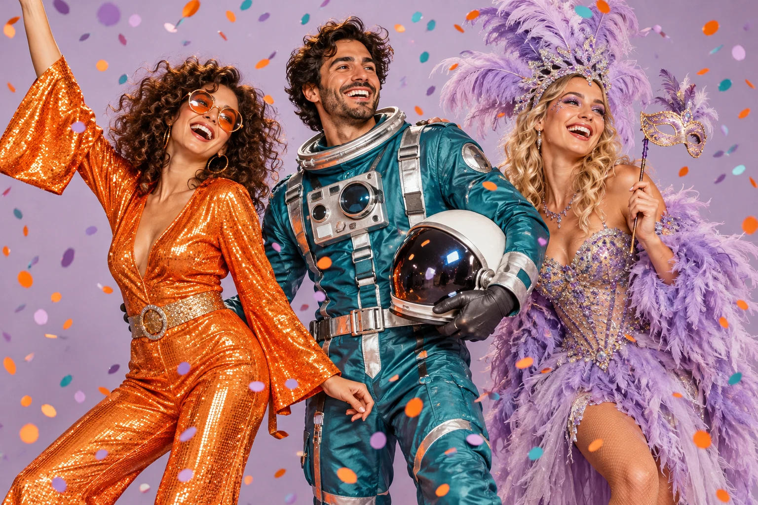 Drei Freunde in fantasievollen Disco-, Weltraum- und Maskenballkostümen vor lavendelfarbenem Hintergrund